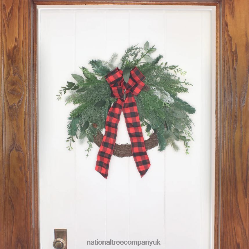 Greenery | National Tree Company Artificial Mixed Pine and Bow Christmas Wreath Evergreen Branch Tips and Leafy Greens Decorated with Petite Pinecones Red  Black Plaid Bow 22 in F2L4F318